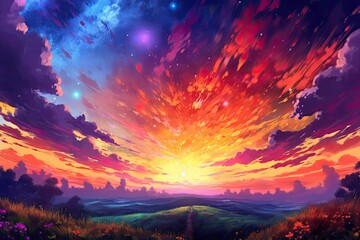 Fototapeta na wymiar Anime inspired colorful sky, adorned with vibrant Northern lights, a captivating celestial spectacle