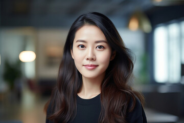 Fototapeta premium Asian woman in a video conference meeting, asian woman working, close up depiction, digital photo, portrait, looking at camera, natural light, affinity, bright background Generative AI