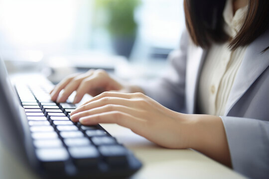 Close-up of an Asian woman typing on a keyboard, asian woman working, close up depiction, digital photo, portrait, looking at camera, natural light, affinity, bright background Generative AI