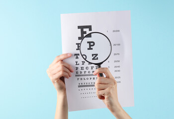 Hands holding eye test chart paper sheet and magnifying glass on blue background. Vision...