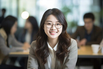 Asian woman collaborating with coworkers at a meeting table, asian woman working, close up depiction, digital photo, portrait, looking at camera, natural light, affinity, bright ba Generative AI