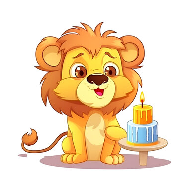 Lion with birthday cake isolated on white background. Vector illustration.