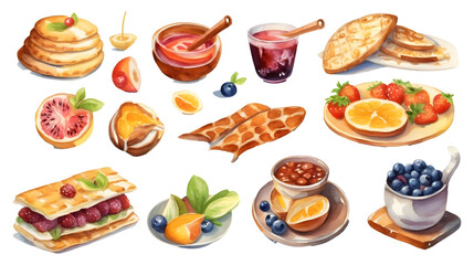 Obraz na płótnie Canvas Watercolor food set illustration transparent background generative ai