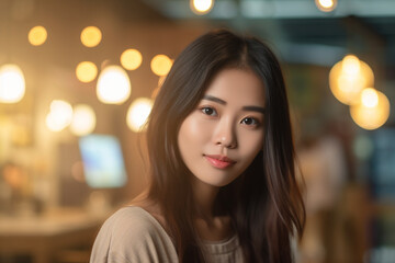 Asian woman working on a creative design, asian woman working, close up depiction, digital photo, portrait, looking at camera, natural light, affinity, bright background Generative AI