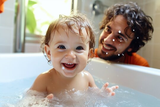 Tender moments in the bath: Father's love and care. Generative AI