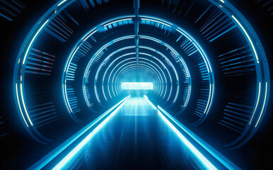 tunnel in the dark with blue neon lights and checkered stripes