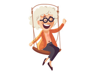 
Happy elderly woman ride on a swing. Senior woman living happy active lifestyle concept. Pensioner, pensioner's happiness. Vector illustration