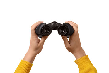 binoculars in hand isolated on transparent background, find and search concept. - 613258299