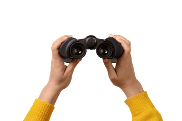 binoculars in hand isolated on transparent background, find and search concept.
