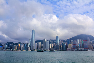 The view of Victoria Harbour, Hong Kong city. A city full of skyscrapers. Travel scene.