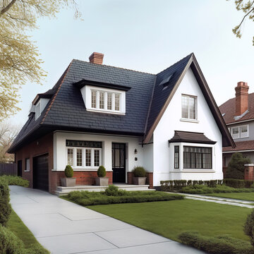 White family house with black pitched roof tiles, and beautiful front yard with green lawn. Created with generative Ai