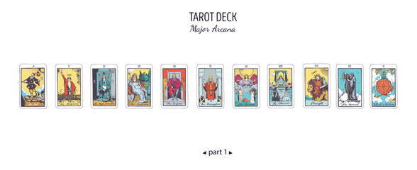 Tarot card colorful deck.  Major arcana set part  . Vector hand drawn engraved style. Occult and alchemy symbolism. The fool, magician, high priestess, empress, emperor, lovers, hierophant, chariot - obrazy, fototapety, plakaty