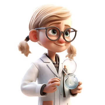 3d render of cartoon character with lab coat and eyeglasses