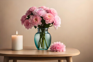 Azalea bouquet in a vase on a beige background, with a glass minimalist candlestick as minimalist decor