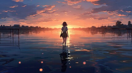 Fototapeta premium Anime girl gracefully walks on water, surrounded by gentle ripples, against the breathtaking backdrop of a dawn sky