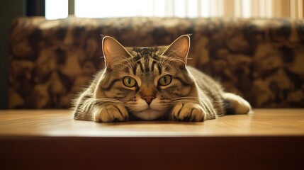 cute tabby cat lay down on wooden table, Generative Ai