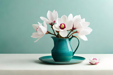 Magnolia arrangement in a vase on a light green background, with a ceramic minimalist tray as minimalist decor
