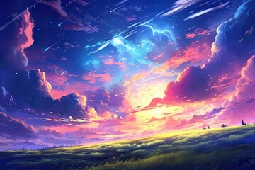 Anime scene, with fluffy clouds decorating the sky, evoking a sense of wonder and tranquility