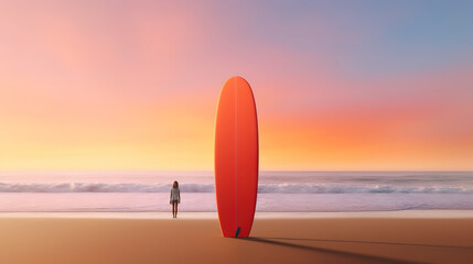 Unrecognizable person near surfboard on sand. Generative ai
