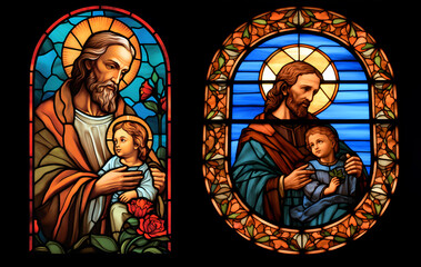 Fototapeta premium Saint Joseph St. Joseph with Jesus Christ, the Patron Saint of the Catholic Church. San Jose. Generative ai. Stained Glass