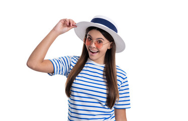 photo of summer stylish amazed teenager girl wearing striped tshirt. summer stylish teenager girl