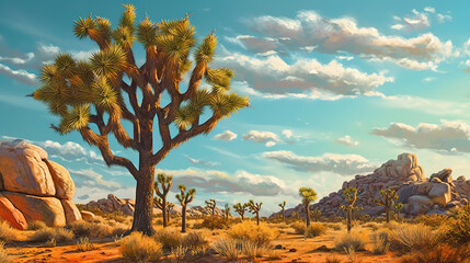 Sunlight shining through Joshua tree in the Mojave desert, dusk, Joshua. Generative ai