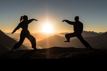 Couple practicing martial arts on the top of a mountain. Generative AI