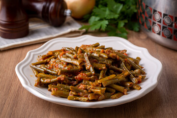 Traditional delicious Turkish food; fresh green black eyed peas food (Turkish name; Zeytinyagli yesil taze borulce or acebek)