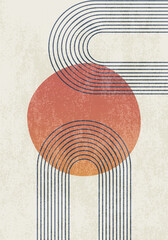 Abstract poster with geometric shapes and lines. Rainbow shapes and sun circle, boho style. Modern minimalist print with arch in gradient colors. Concept of balance, harmony and equilibrium. Vector. © sandy