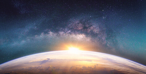 Landscape with Milky way galaxy. Sunrise and Earth view from space with Milky way galaxy. (Elements...