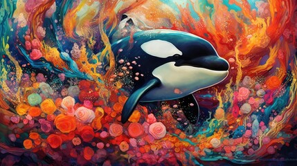 Naklejka premium An Orca gracefully swimming through a vibrant coral reef, showcasing the mesmerizing beauty of marine life