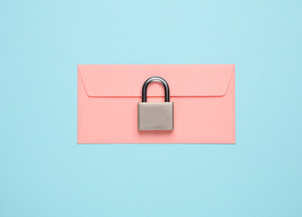 Data protection. Envelope with a lock on blue background