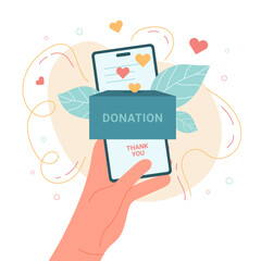 Hand holding mobile phone with donation box on screen charity concept vector illustration