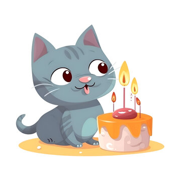 Cute cartoon cat with birthday cake. Vector illustration isolated on white background.