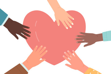 Hands of people donate and help. Volunteers give hearts to donation box flat vector illustration. Hope, solidarity, aid for refugees concept