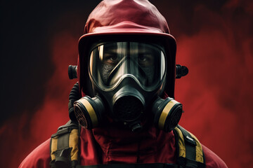 Portrait of firefighter wearing protective facial mask red uniform