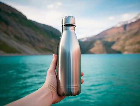 Hand Holding A Reusable Thermo Water Bottle With Nature In The Background, Outdoor Concept