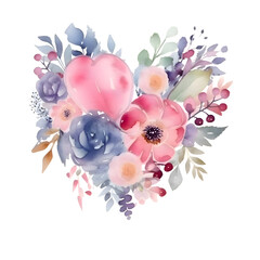 Watercolor heart with flowers. Hand painted illustration isolated on white background