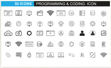 Developer icon set. Included the icons as code, programmer coding, mobile app, API, node connect, flow, logic, and web coder Vector.