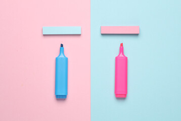 Note stripe stickers with markers on blue pink pastel background