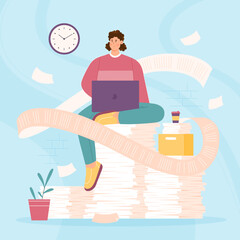 Bureaucracy, lot of paperwork vector illustration. Cartoon employee sitting with laptop on stack of paper documents and box with bunch of pages to work with long endless business report sheet