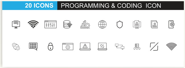 Developer icon set. Included the icons as code, programmer coding, mobile app, API, node connect, flow, logic, and web coder Vector.