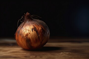 Rotten onion on a wooden table. Dim studio light. Generative Ai