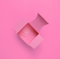 Yellow open box on pink background. Template for mock up. Top view