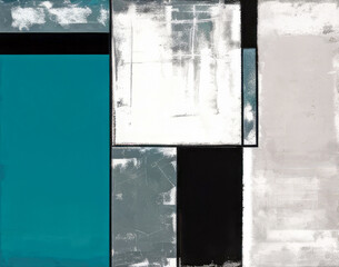 Grungy business cover design with squares and rectangle blocks in an abstract pattern of black, white and teal colored weathered surface effect