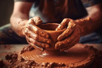 Hands of potter making clay pot. Close up process shot of a potter's hands shaping clay on a pottery wheel