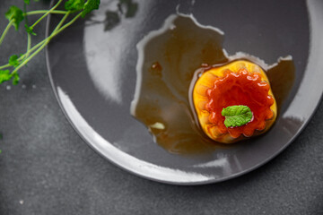 flan sweet dessert caramel taste healthy meal food snack on the table copy space food background rustic top view
