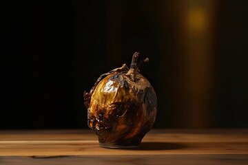Rotten olive on a wooden table. Dim studio light. Generative Ai