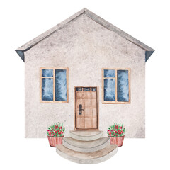 Fototapeta na wymiar Watercolor house with a door and windows, a tiled roof, stairs and flowerpots. Isolated clipart on white background. Illustration for postcards, books, posters, children's room