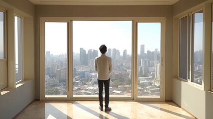 Man looking out of the window in a room with a city view.